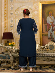 Navy Ethnic Motif Printed Georgette Kurta Pant And Dupatta Set With Sequins & Beads-J4693NAVY