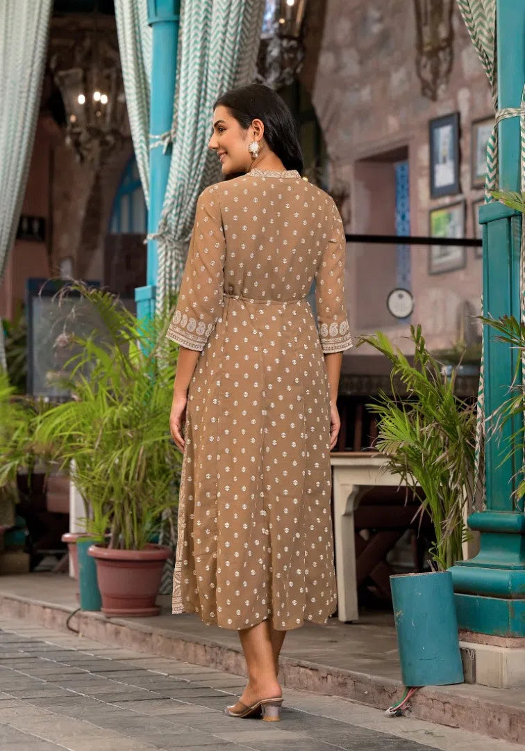 a line indian dress for women Brown A-Line Gown: Elegant Indian Dress