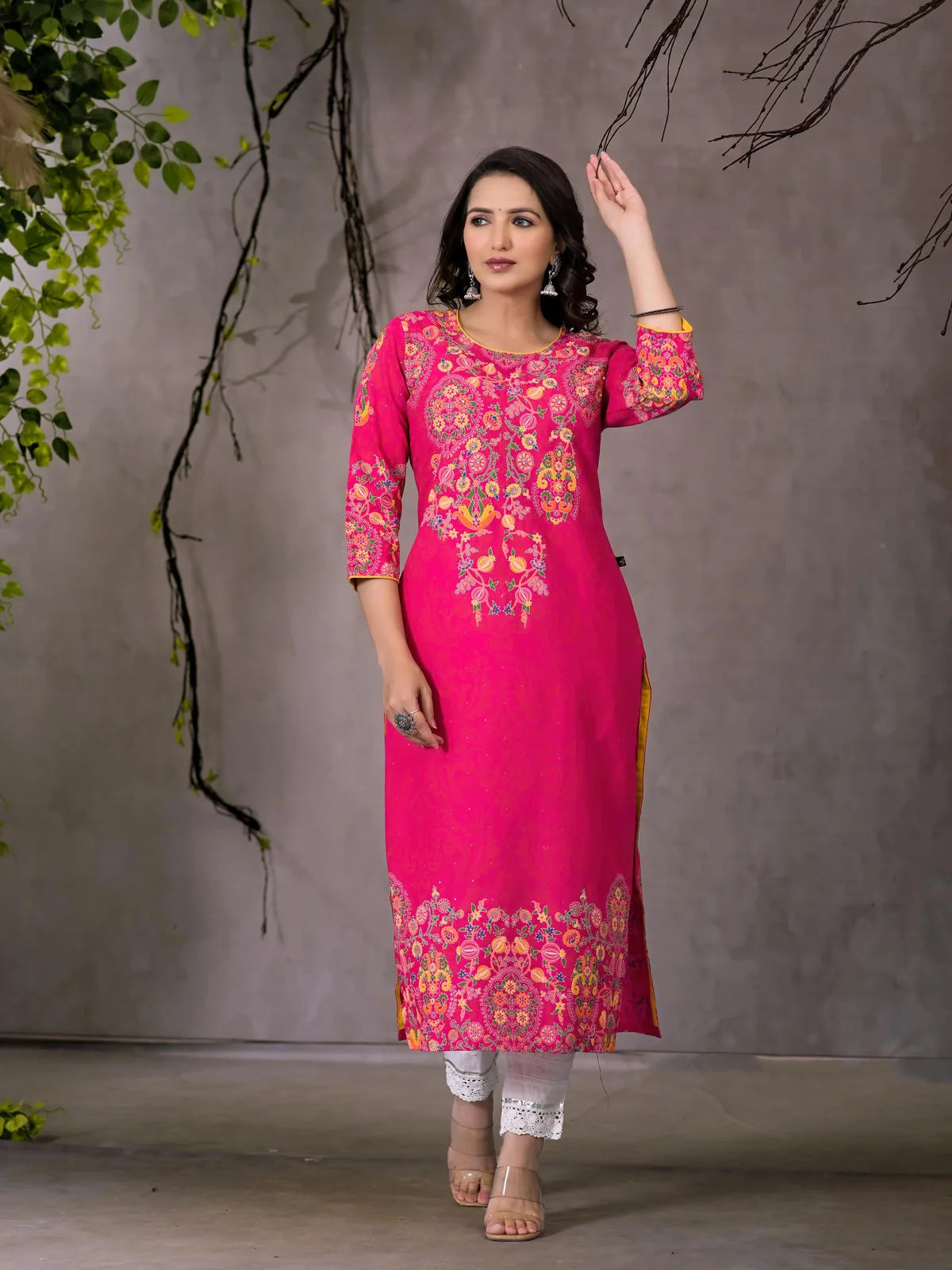 Pink Thread Embroidered Liva Rayon Kurta With Sequins & Beads-J4696PINK