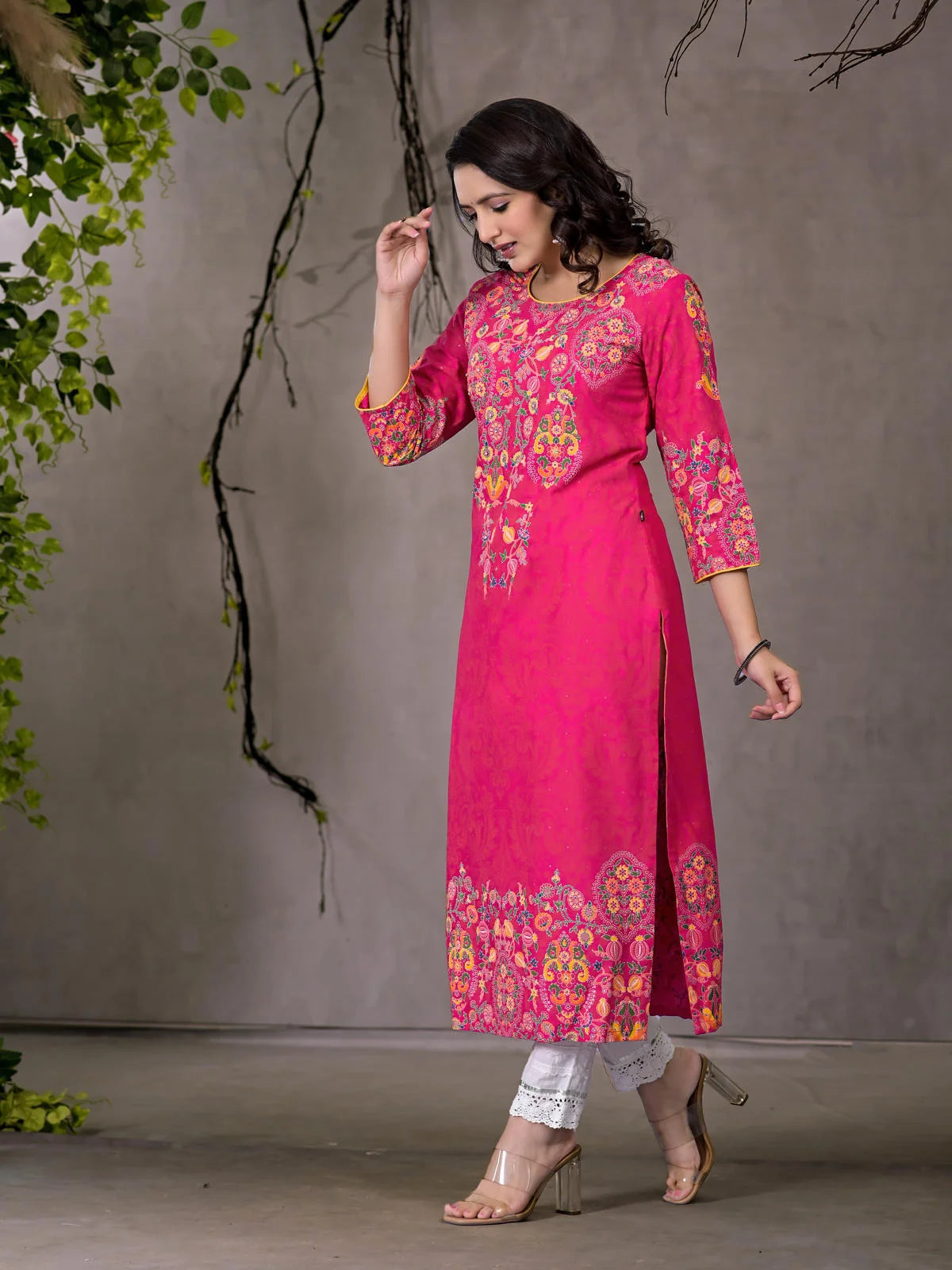 Pink Embroidered Rayon Indian Kurta with Sequins & Beads