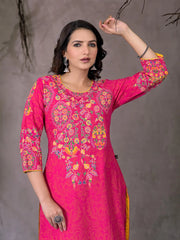 Pink Thread Embroidered Liva Rayon Kurta With Sequins & Beads-J4696PINK