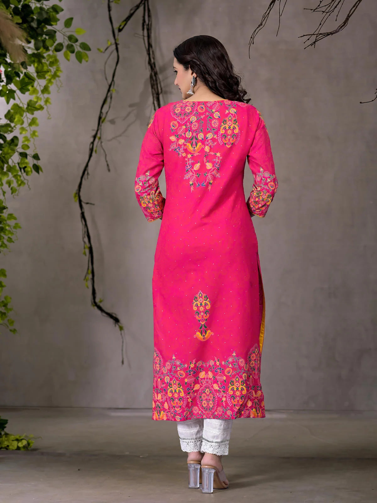 Pink Embroidered Rayon Indian Kurta with Sequins & Beads