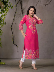 Pink Thread Embroidered Liva Rayon Kurta With Sequins & Beads-J4696PINK