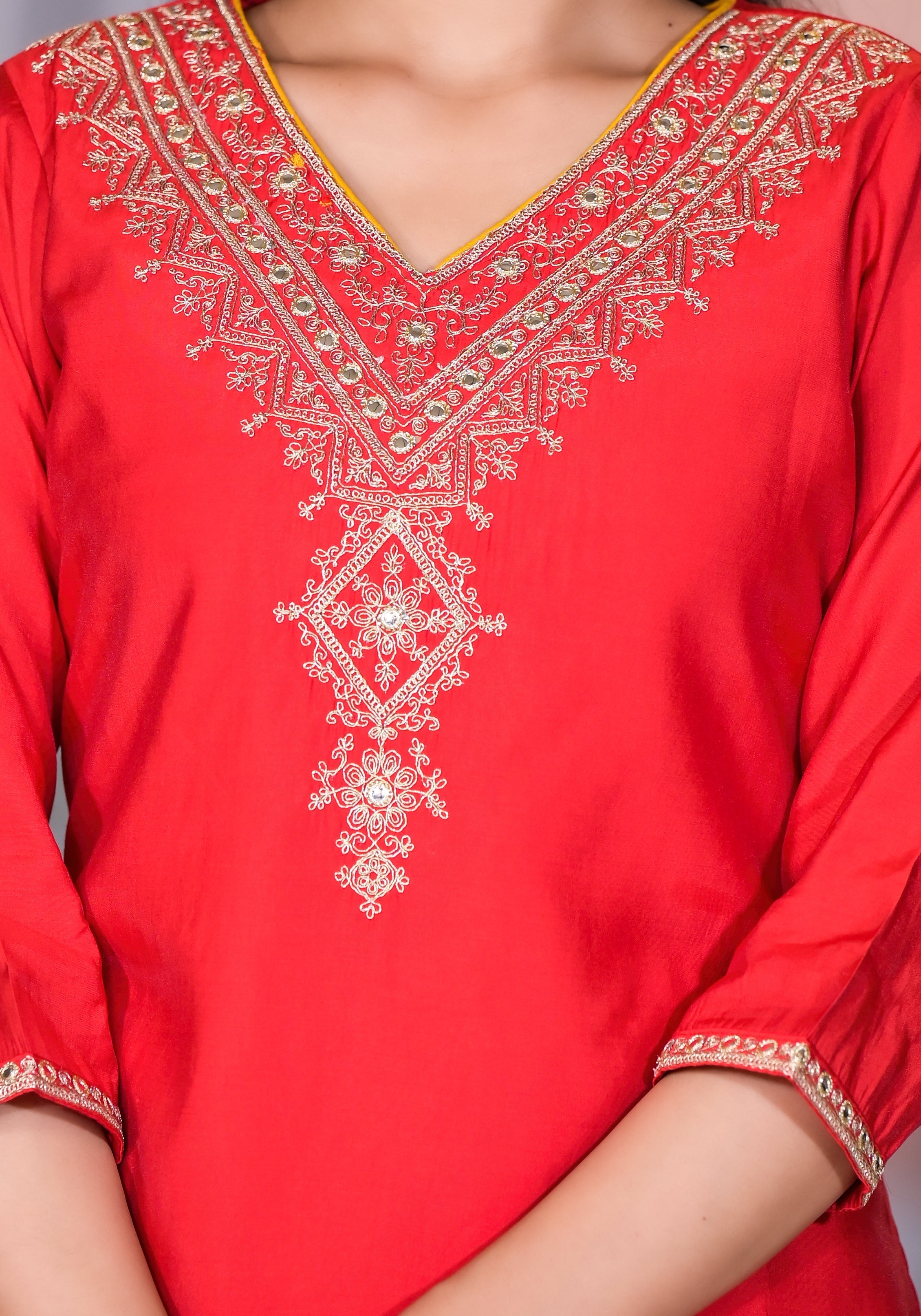 Red Solid Viscose Kurta Pant With Dupatta Set With Zari & Mirror Embro