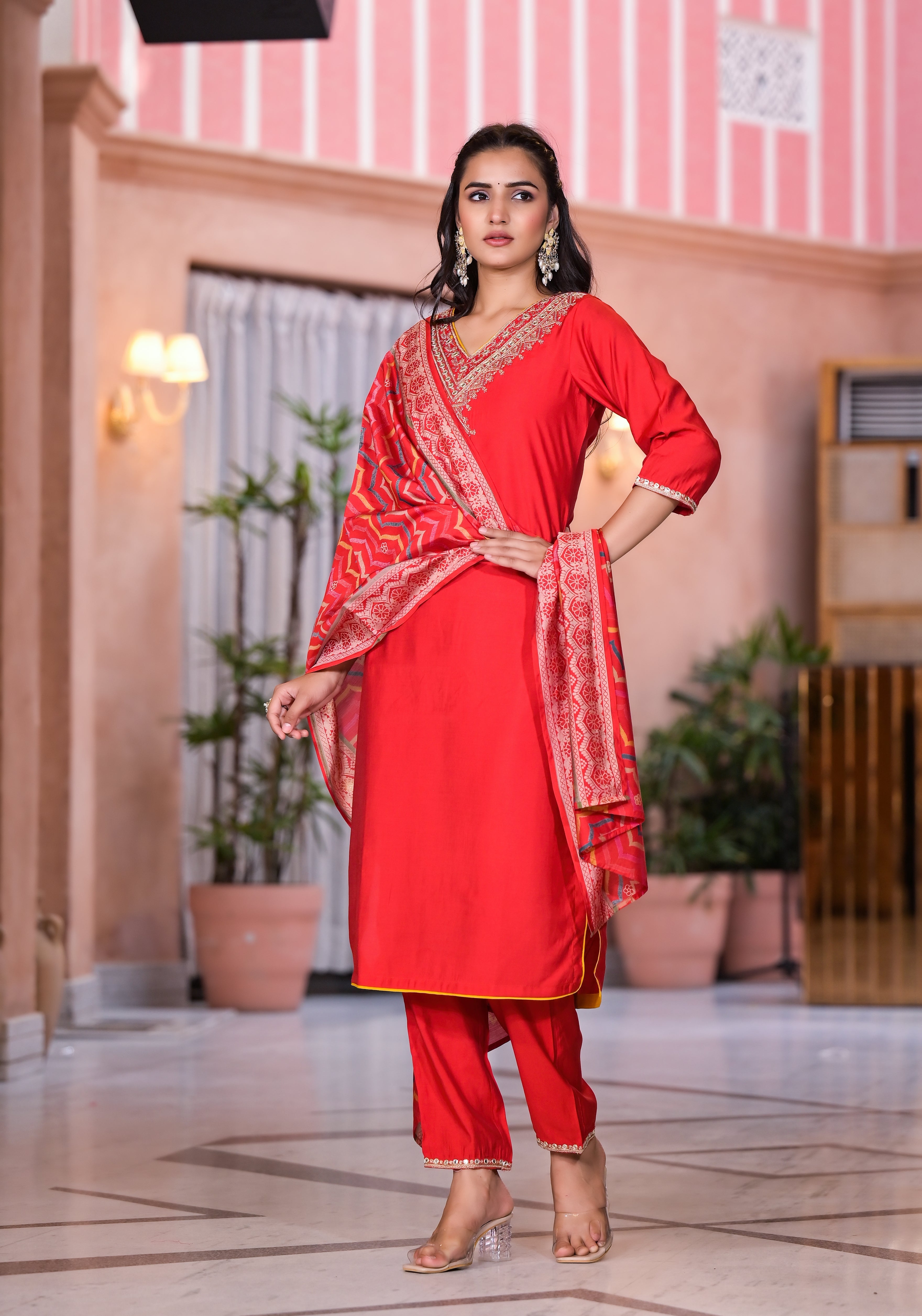 Red Solid Viscose Kurta Pant With Dupatta Set With Zari & Mirror Embro