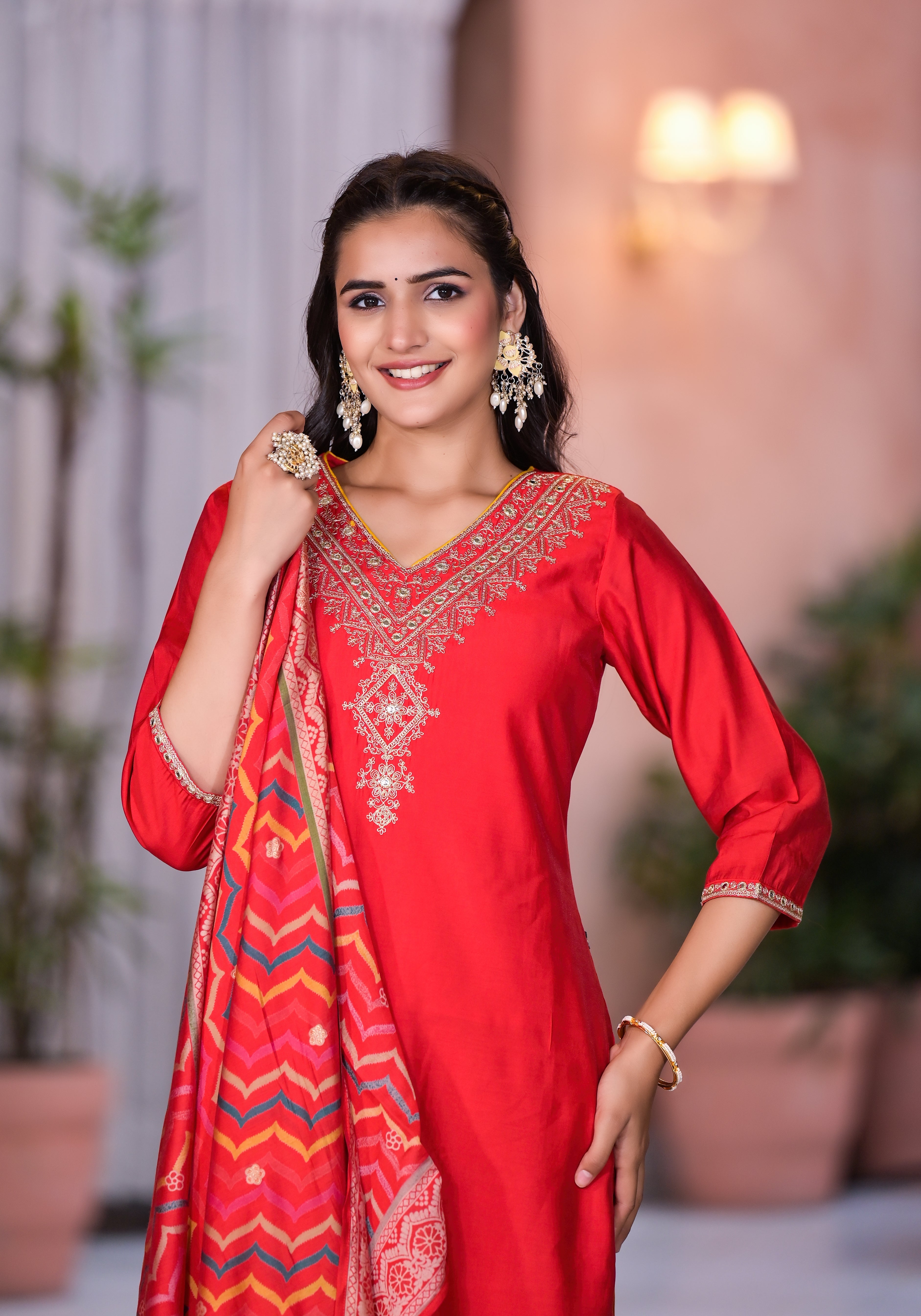 Red Solid Viscose Kurta Pant With Dupatta Set With Zari & Mirror Embro