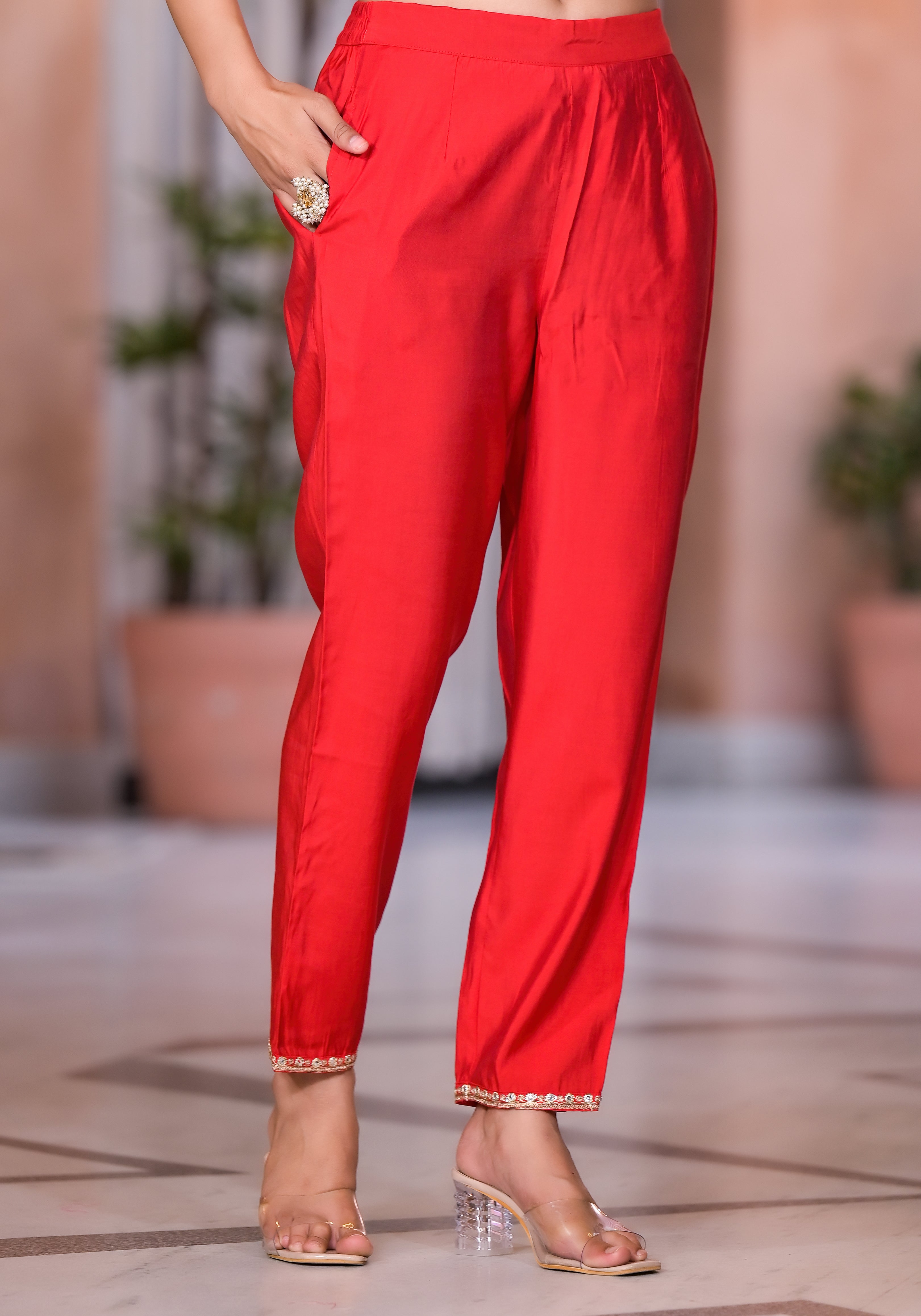 Red Solid Viscose Kurta Pant With Dupatta Set With Zari & Mirror Embro