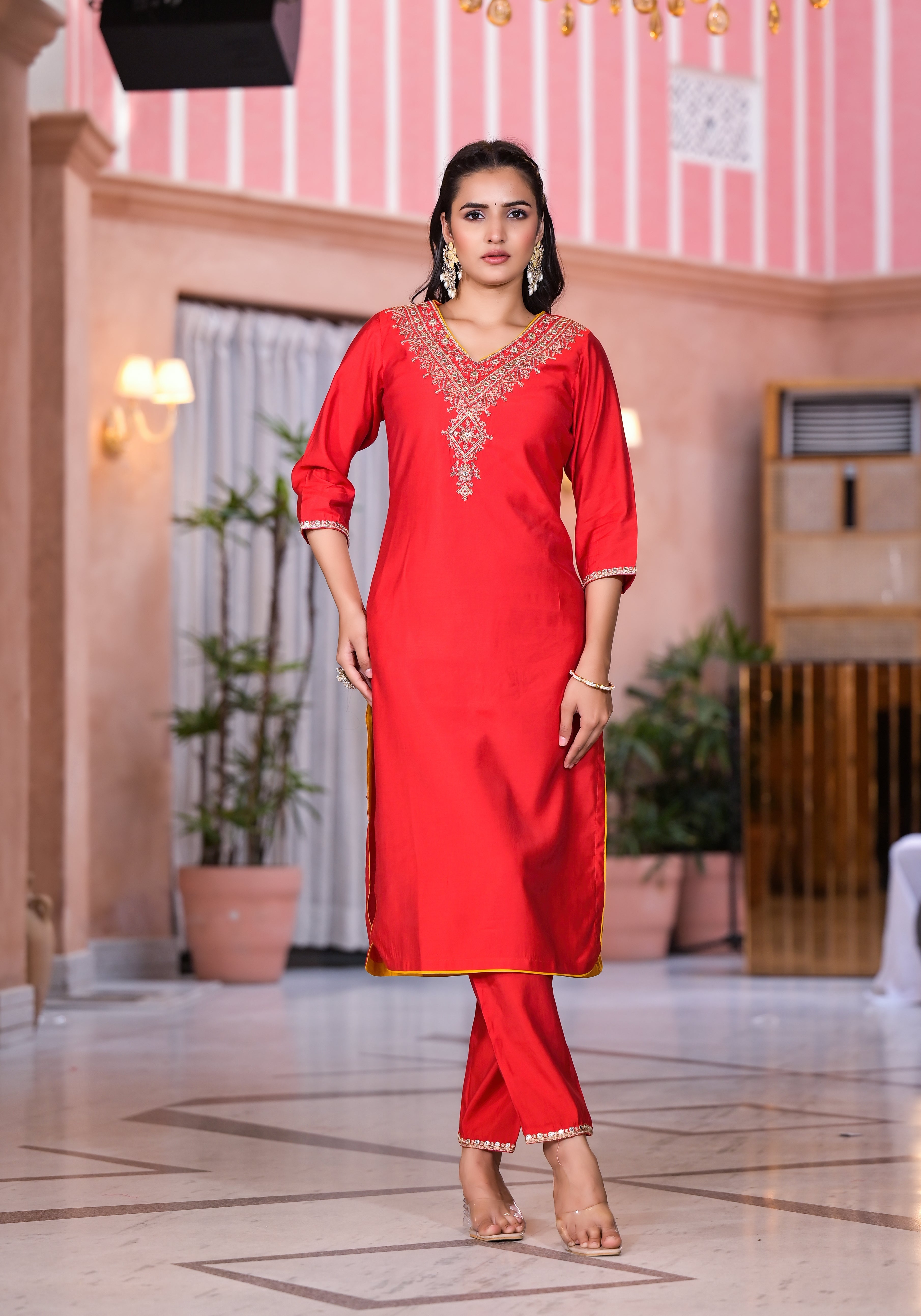 Red Solid Viscose Kurta Pant With Dupatta Set With Zari & Mirror Embro