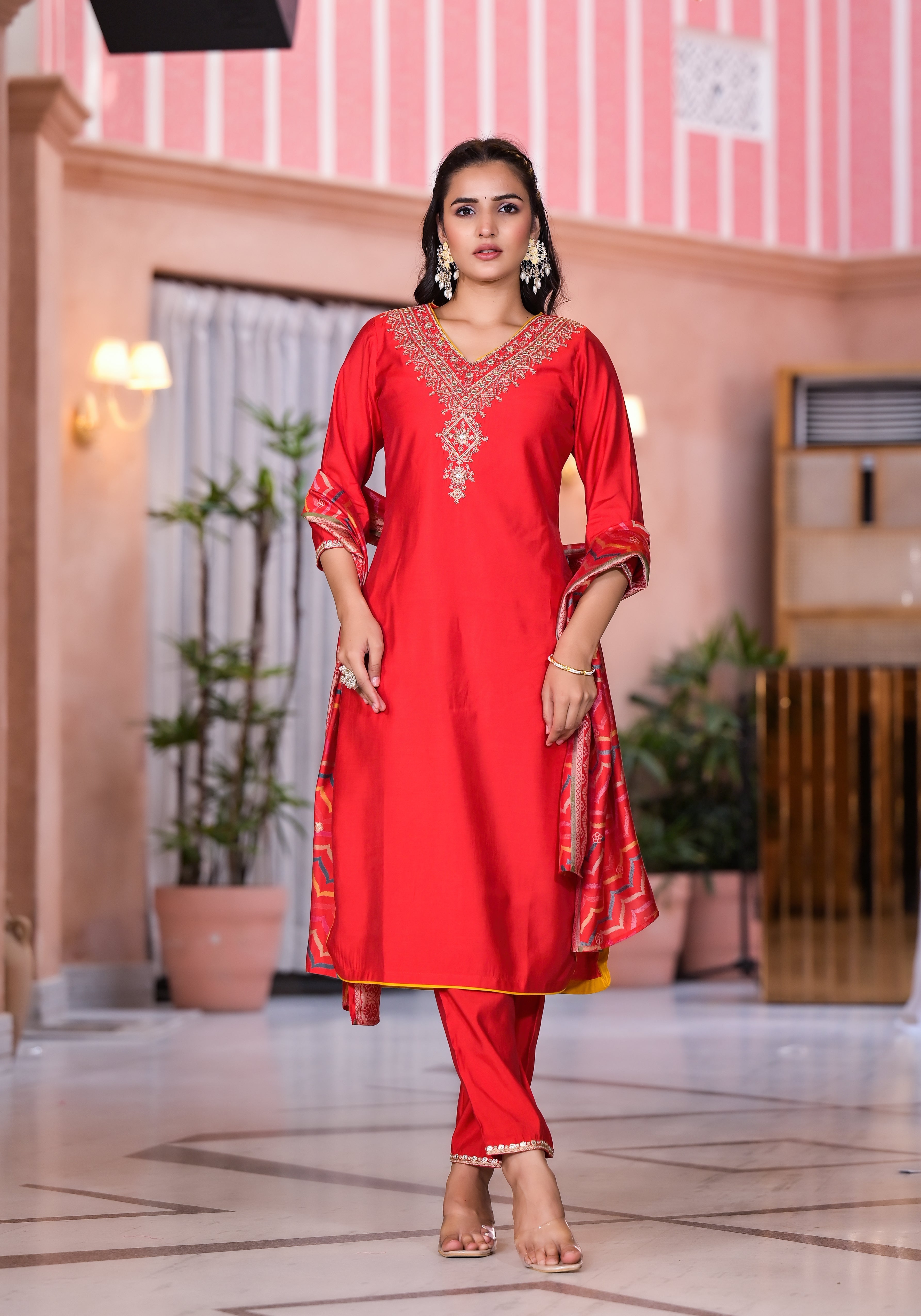 Red Solid Viscose Kurta Pant With Dupatta Set With Zari & Mirror Embro