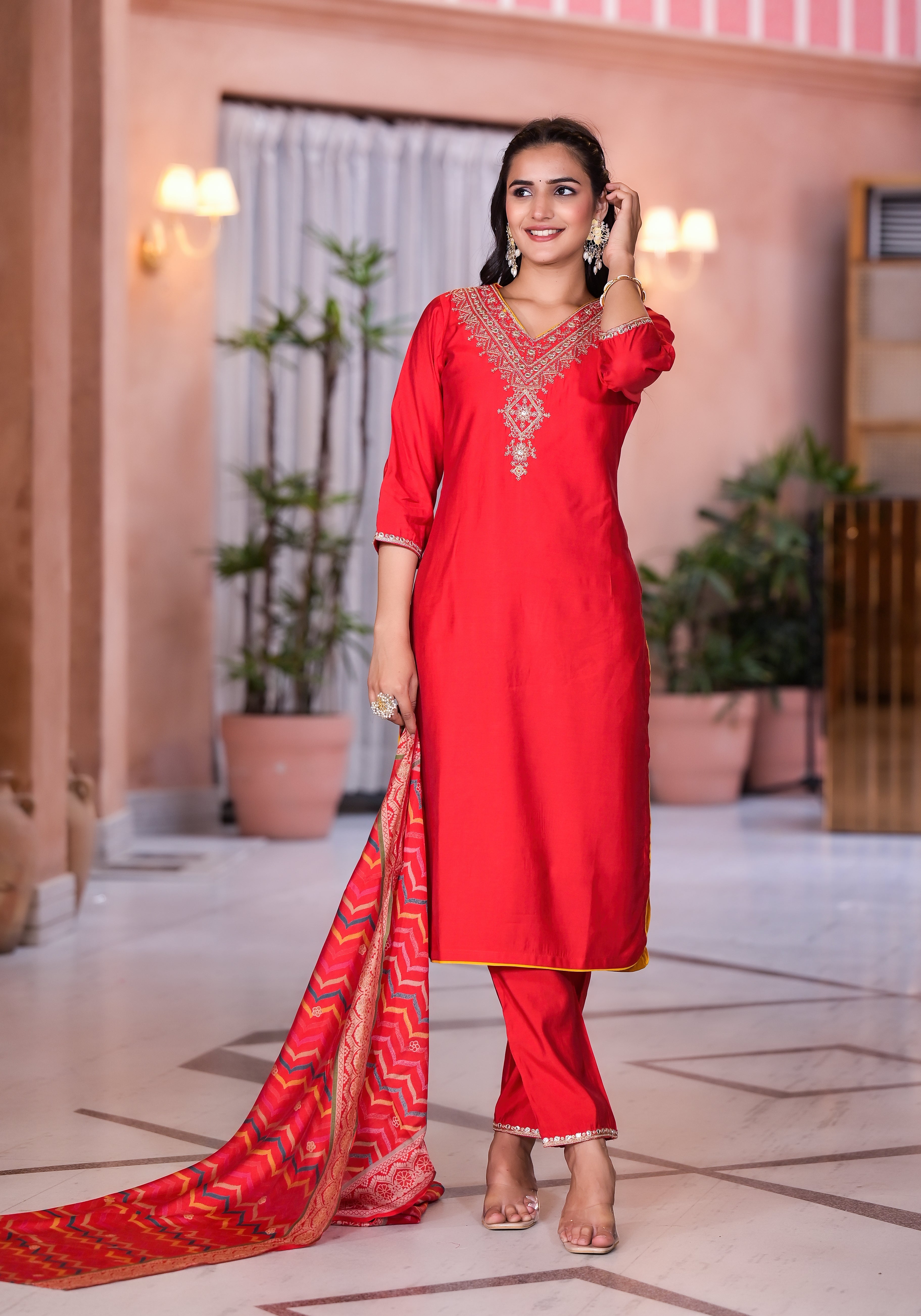 Red Solid Viscose Kurta Pant With Dupatta Set With Zari & Mirror Embro
