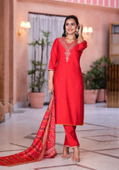 Red Solid Viscose Kurta Pant With Dupatta Set With Zari & Mirror Embroidery