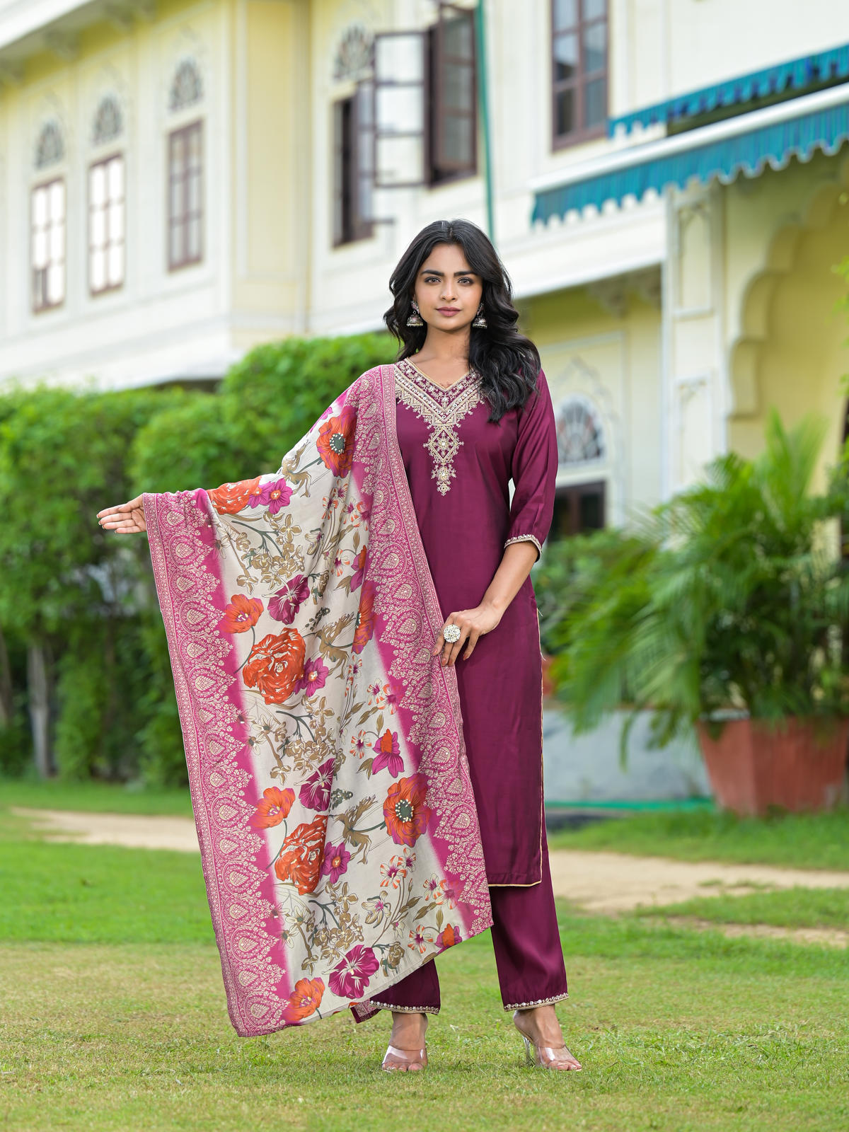 Wine Solid Kurta Pant Set with Dupatta & Zari Embroidery