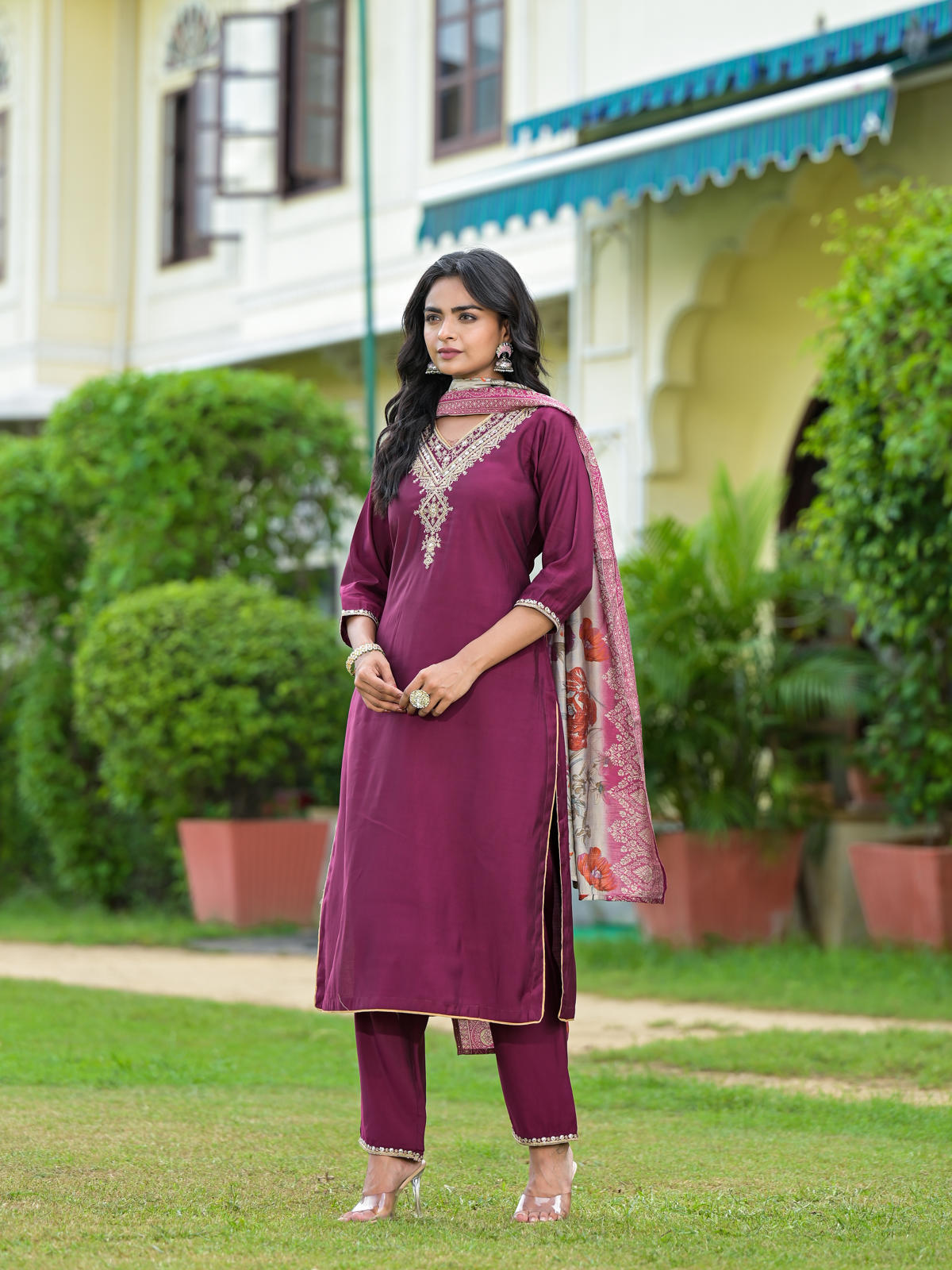 Wine Solid Kurta Pant Set with Dupatta & Zari Embroidery