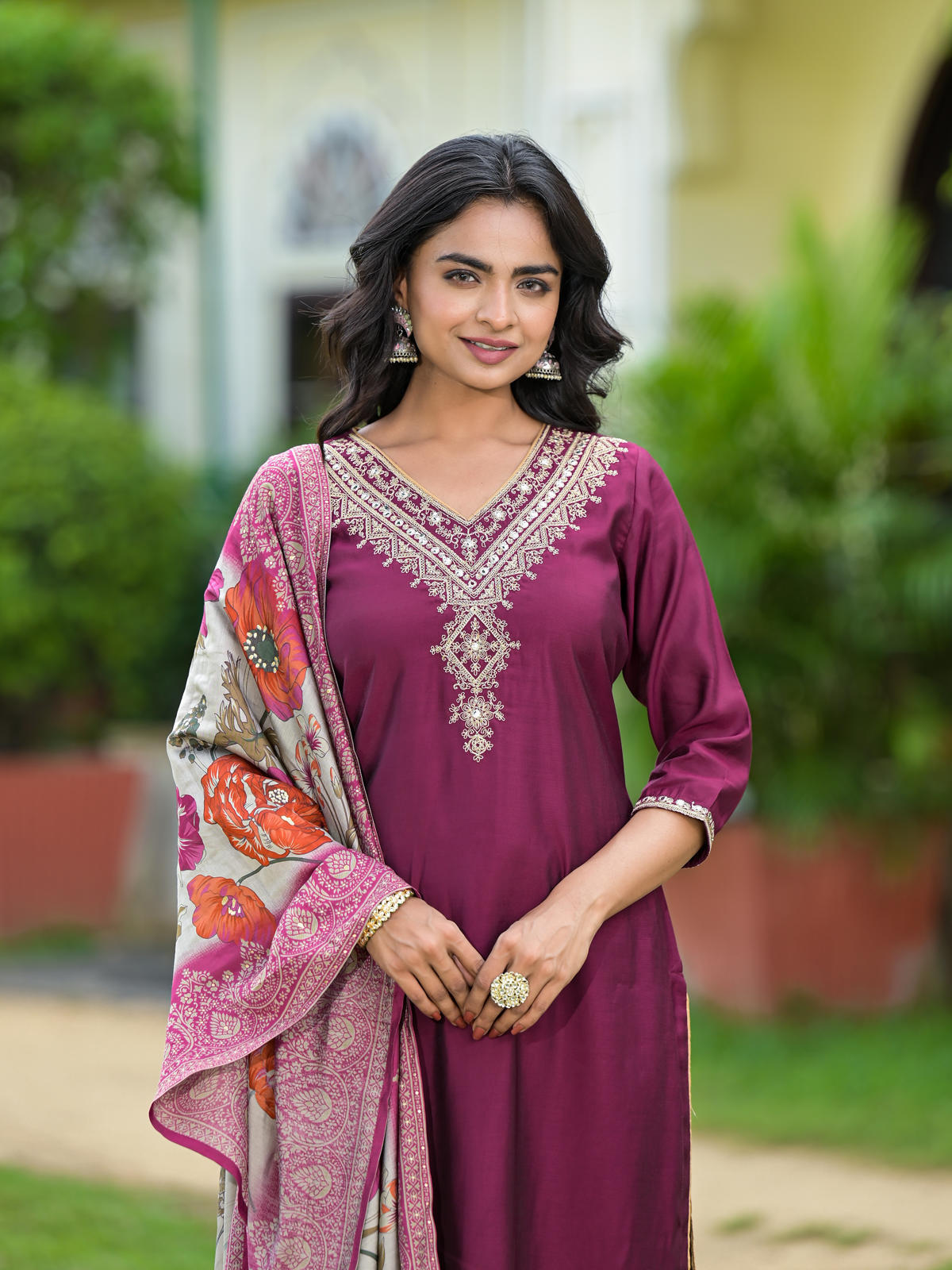 Wine Solid Kurta Pant Set with Dupatta & Zari Embroidery