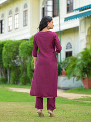 Wine Solid Viscose Kurta Pant With Dupatta Set With Zari & Mirror Embroidery-J4703WINE