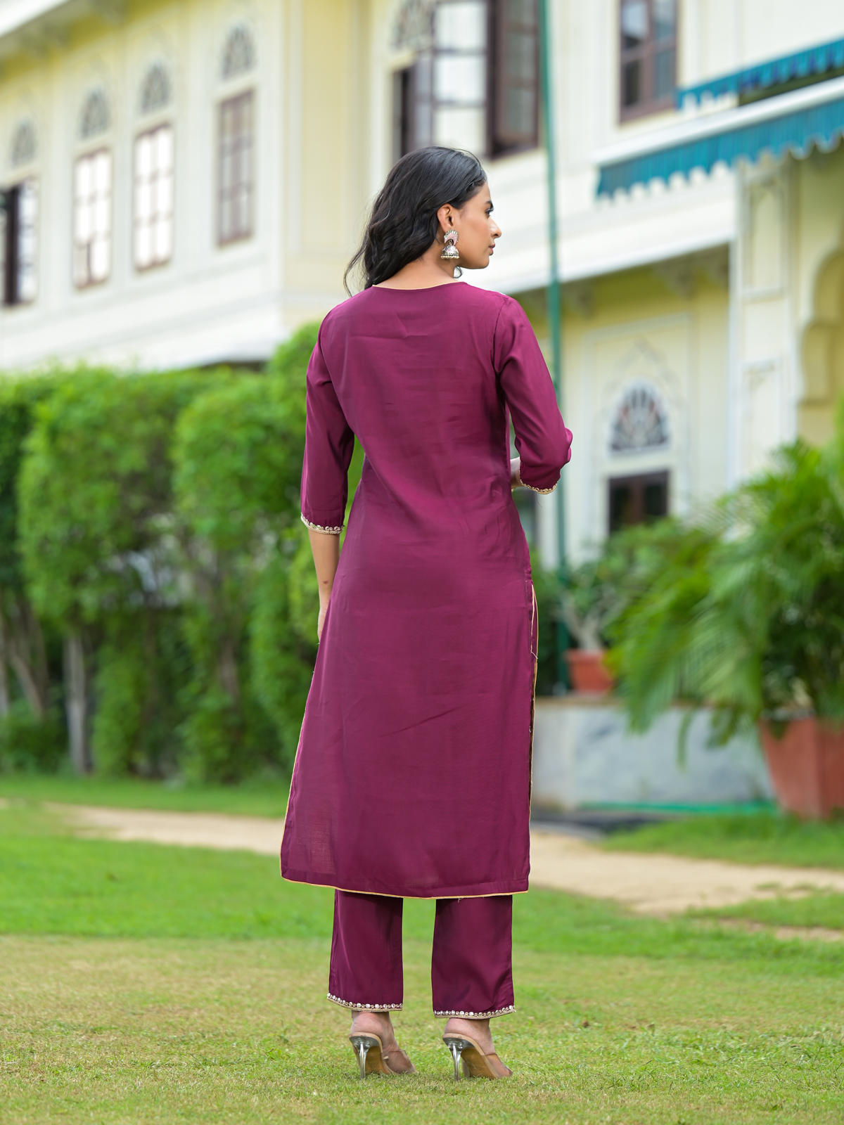 Wine Solid Kurta Pant Set with Dupatta & Zari Embroidery