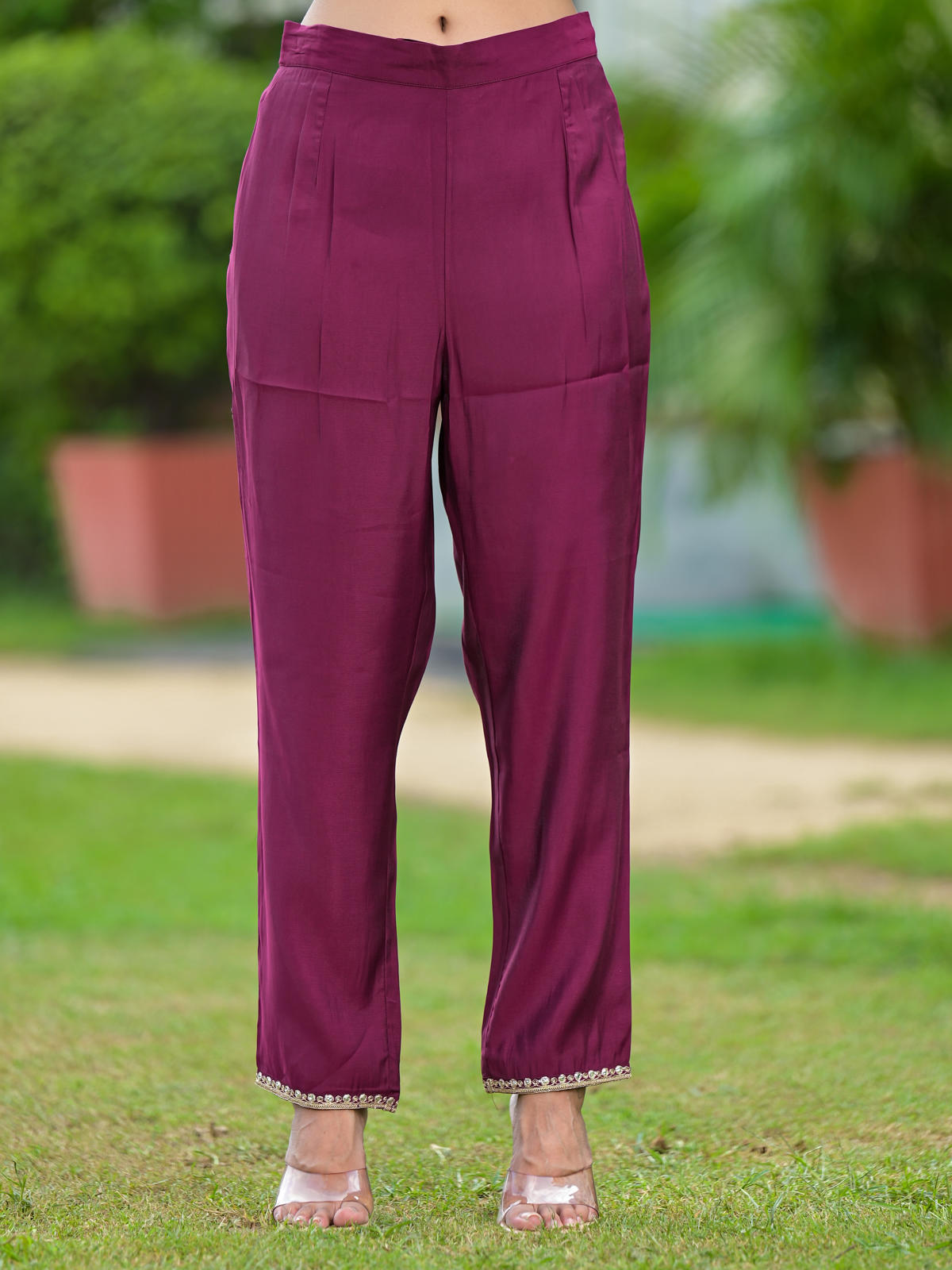 Wine Solid Kurta Pant Set with Dupatta & Zari Embroidery