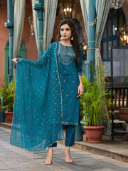 Blue Ethnic Motif Printed Muslin Kurta Set With Zari Work & Gota Patti-J4705BLUE
