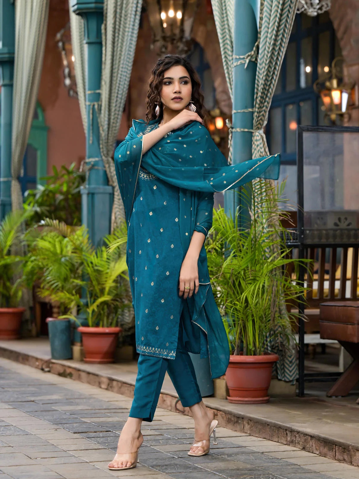 Blue Printed Kurta Set with Dupatta, Zari & Gota Patti Work