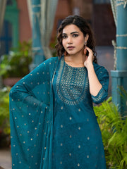 Blue Ethnic Motif Printed Muslin Kurta Set With Zari Work & Gota Patti-J4705BLUE