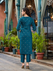 Blue Ethnic Motif Printed Muslin Kurta Set With Zari Work & Gota Patti-J4705BLUE