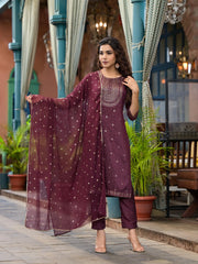 Wine Ethnic Motif Printed Muslin Kurta Set With Zari Work & Gota Patti-J4705WINE