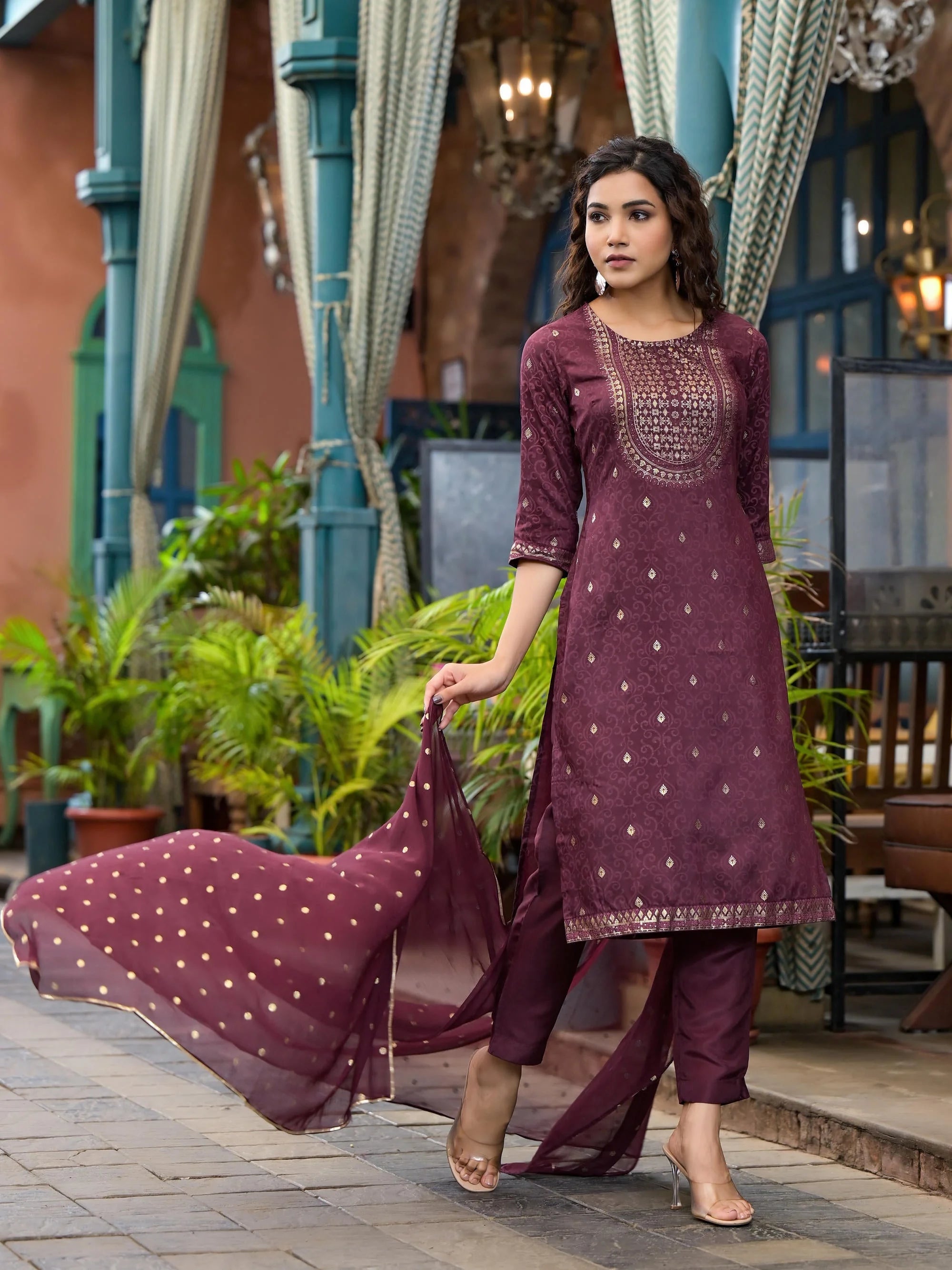Wine Printed Kurta Set with Dupatta, Zari & Gota Patti Work