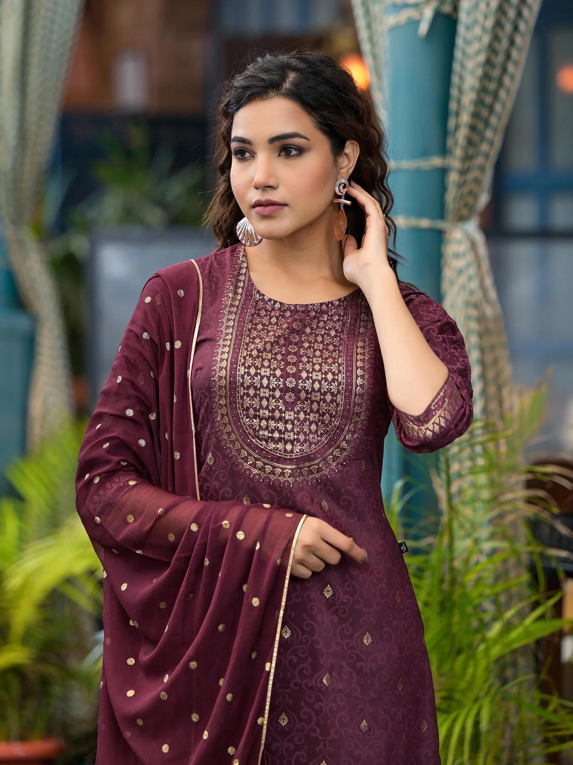 Wine Printed Kurta Set with Dupatta, Zari & Gota Patti Work