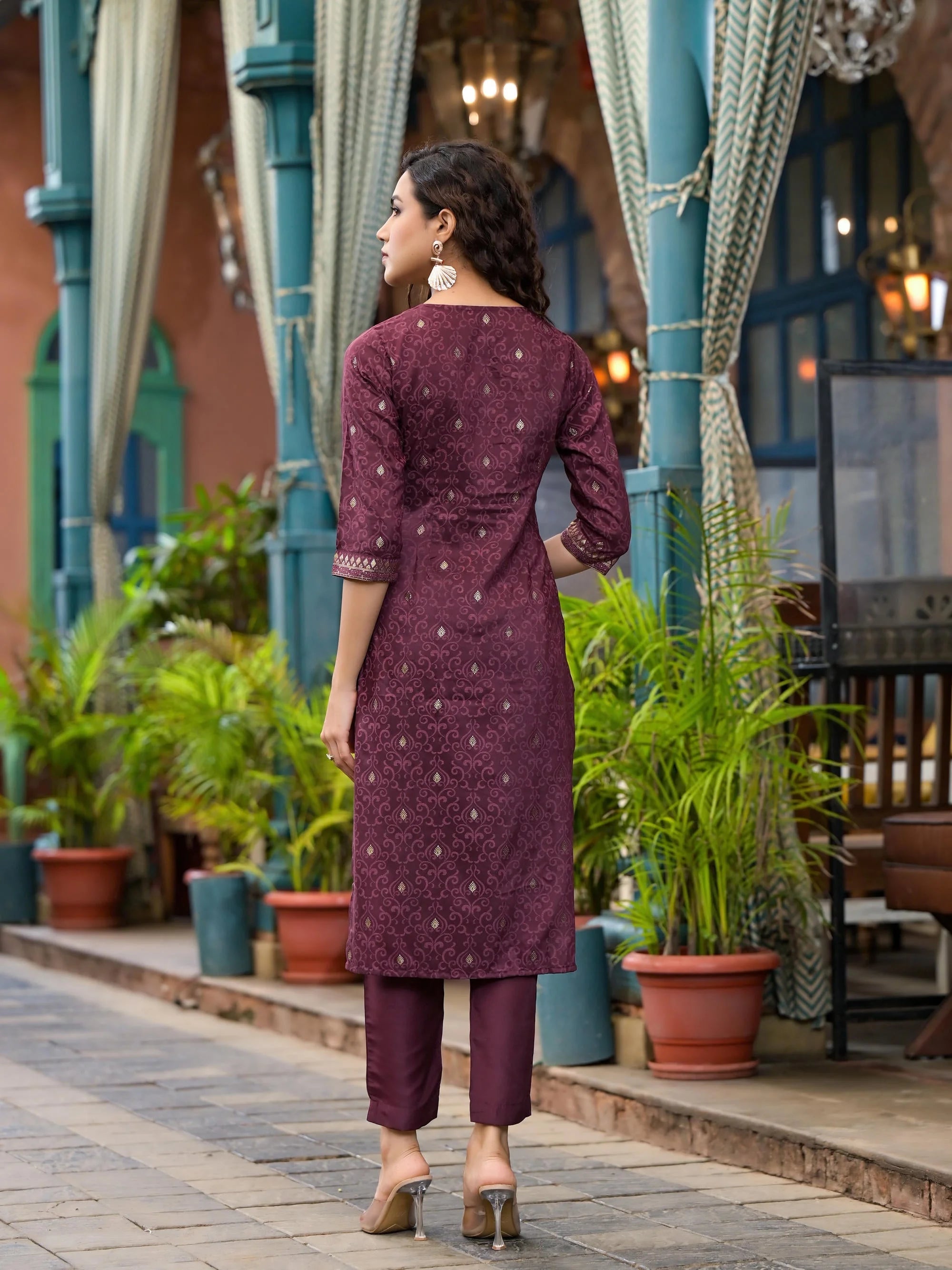 Wine Printed Kurta Set with Dupatta, Zari & Gota Patti Work