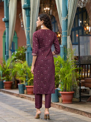Wine Ethnic Motif Printed Muslin Kurta Set With Zari Work & Gota Patti-J4705WINE
