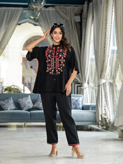 Black Thread Embroidered Liva Rayon Tunic Pant Set With Mirror Work & Buttons-J4712BLACK