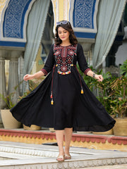 Black Thread Embroidered Liva Rayon A-Line Dress With Tassel Kaudis & Doris At Waist-J4713BLACK