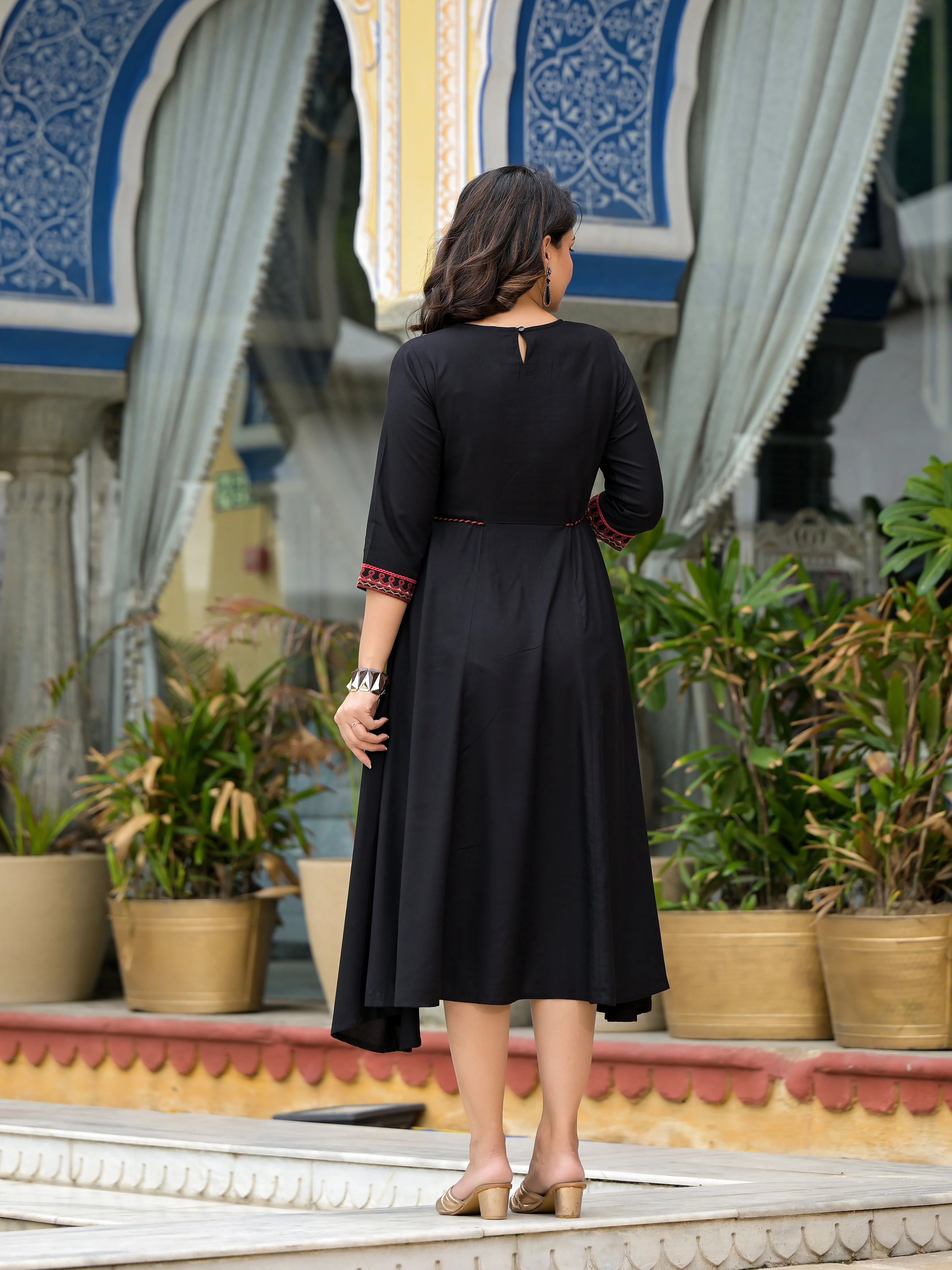 Black Embroidered A-Line Dress | Indian Dresses Online