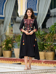 Black Thread Embroidered Liva Rayon A-Line Dress With Tassel Kaudis & Doris At Waist-J4713BLACK