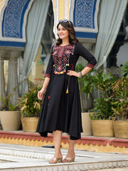 Black Thread Embroidered Liva Rayon A-Line Dress With Tassel Kaudis & Doris At Waist-J4713BLACK