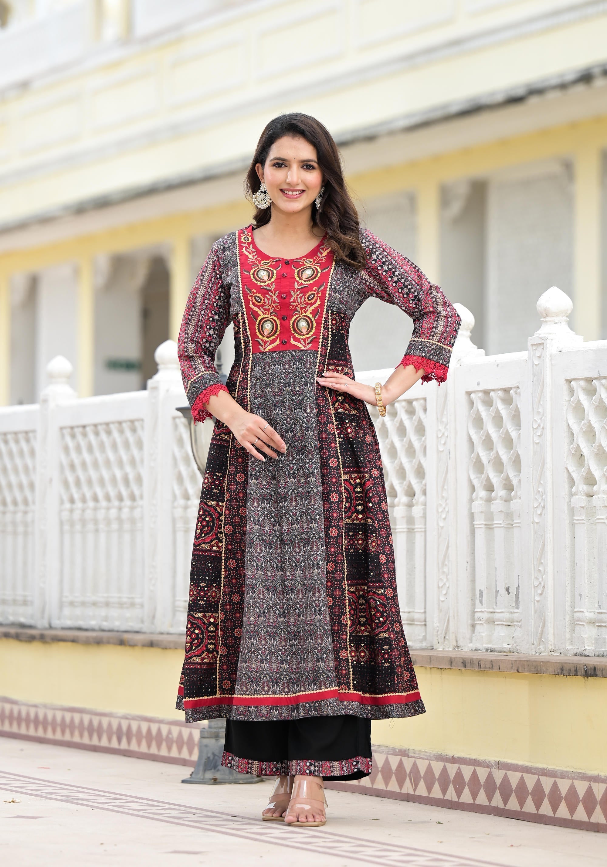 Black Ethnic Motif Printed Muslin Kurta Pant With Dupatta Set With Thr