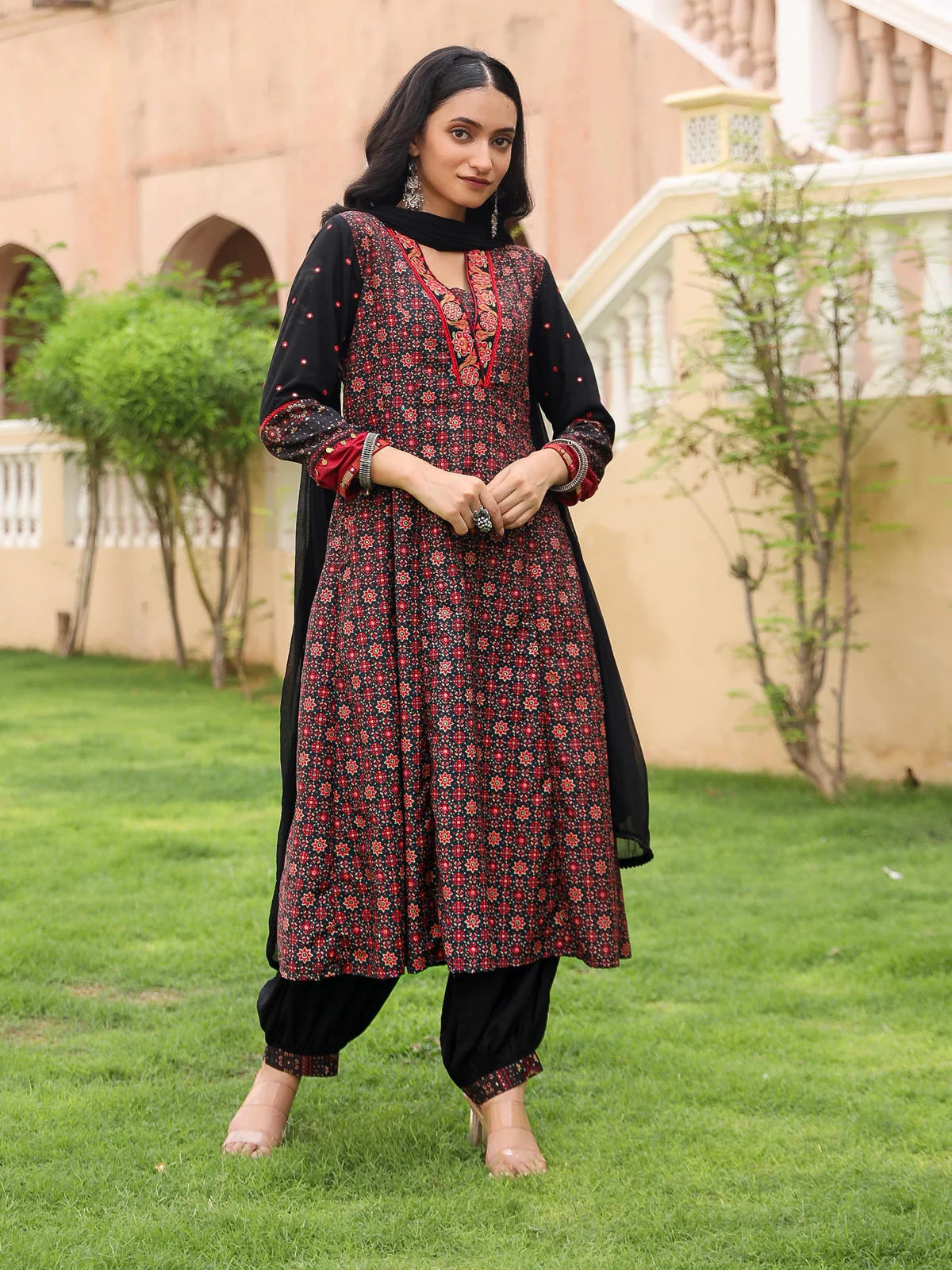 Black Printed Kurta Pant Dupatta Set with Mirror Work