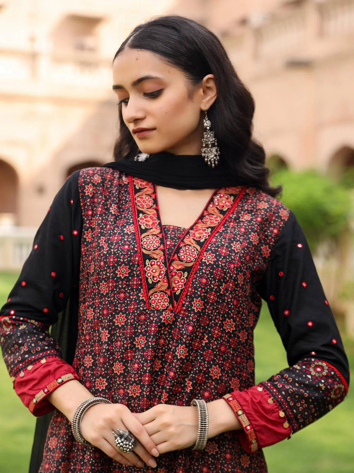 Black Printed Kurta Pant Dupatta Set with Mirror Work