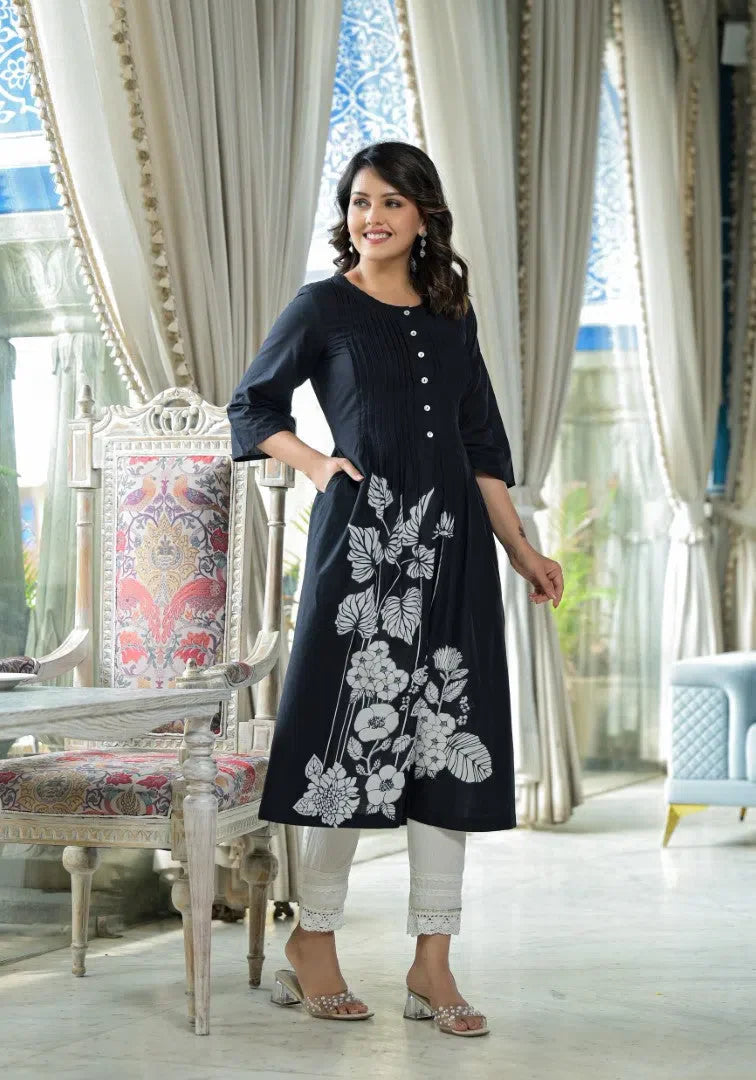 Black Floral Cotton Kurta: Stylish Indian Kurta for Women: Designer