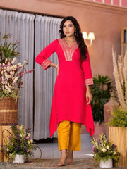 Fuchsia Zari Embroidered Viscose Kurta & Pant Set With Sequins-J4721FUCHSIA