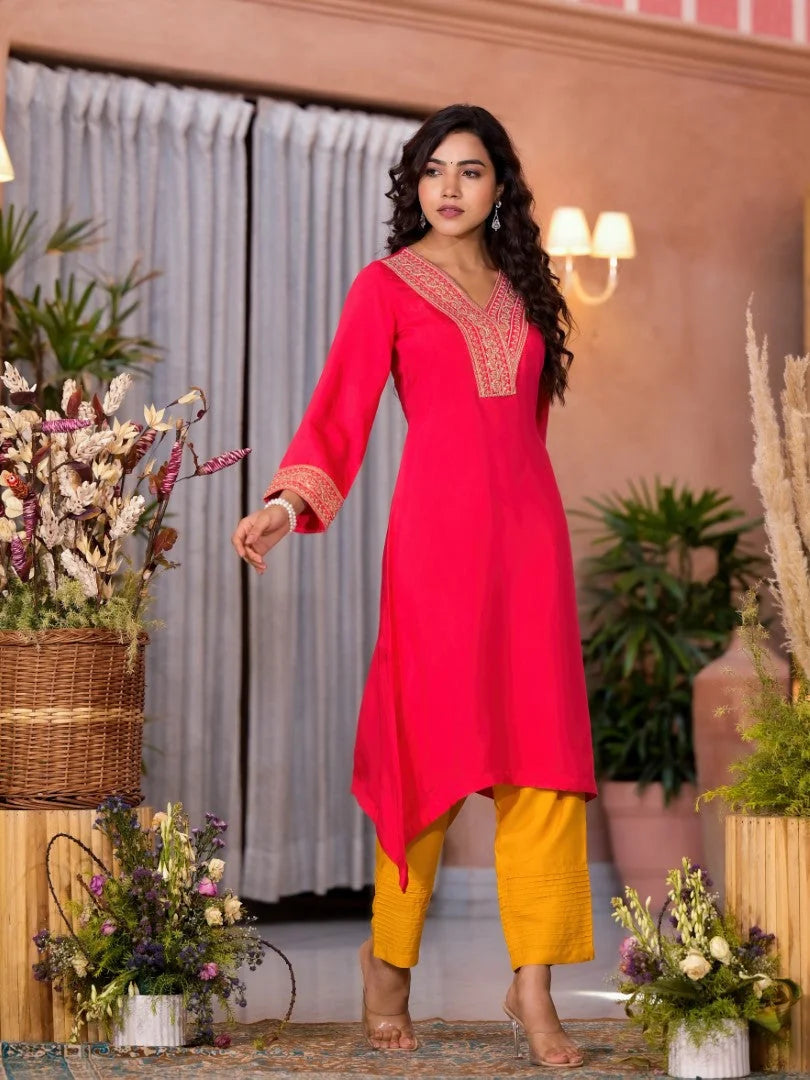 Fuchsia Embroidered Kurta Set: Zari, Sequins, Women's Kurta Sets