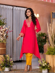 Fuchsia Zari Embroidered Viscose Kurta & Pant Set With Sequins-J4721FUCHSIA