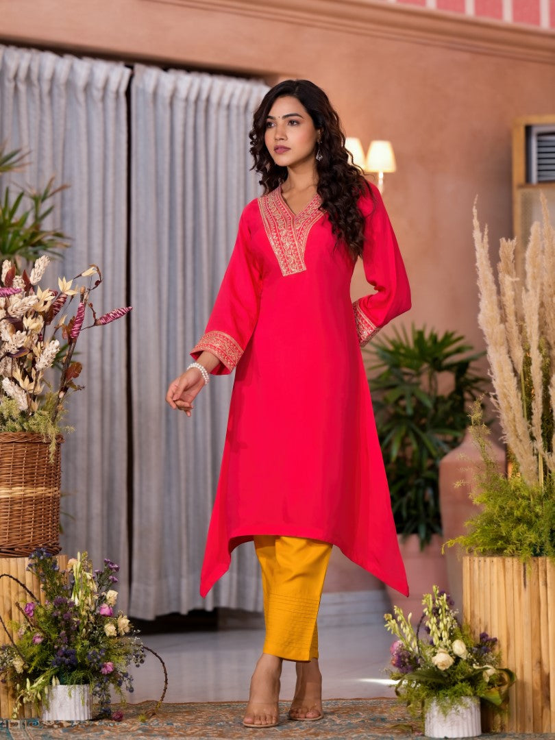 Fuchsia Embroidered Kurta Set: Zari, Sequins, Women's Kurta Sets