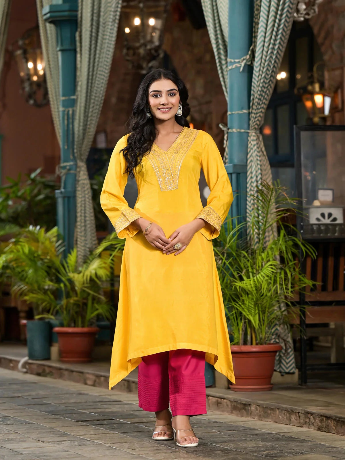 Yellow Solid Viscose Kurta & Pant Set With Zari Work & Sequins-J4721MUSTARD