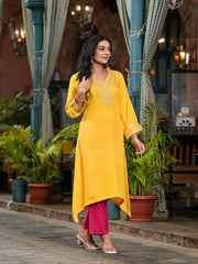 Yellow Solid Viscose Kurta & Pant Set With Zari Work & Sequins-J4721MUSTARD