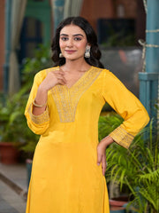 Yellow Solid Viscose Kurta & Pant Set With Zari Work & Sequins-J4721MUSTARD