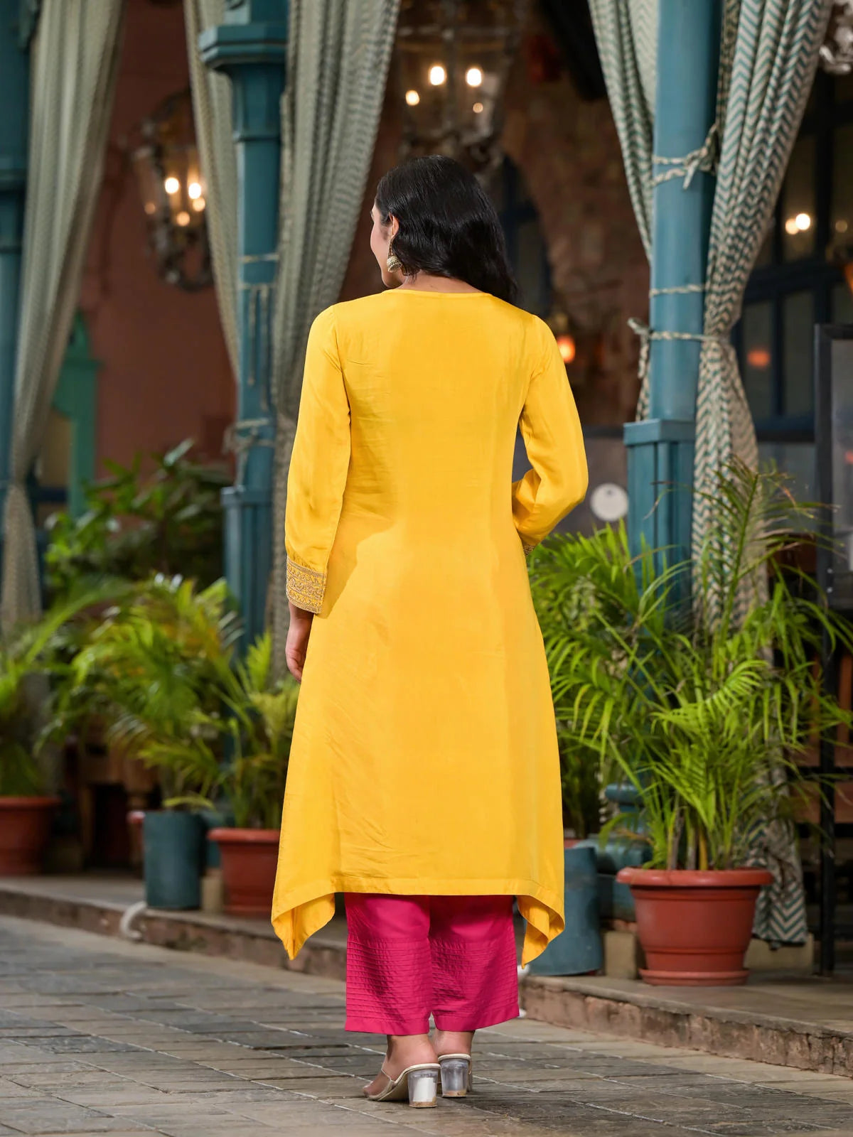 Yellow Zari Kurta Set: Viscose, Sequins, Women's Kurta Sets