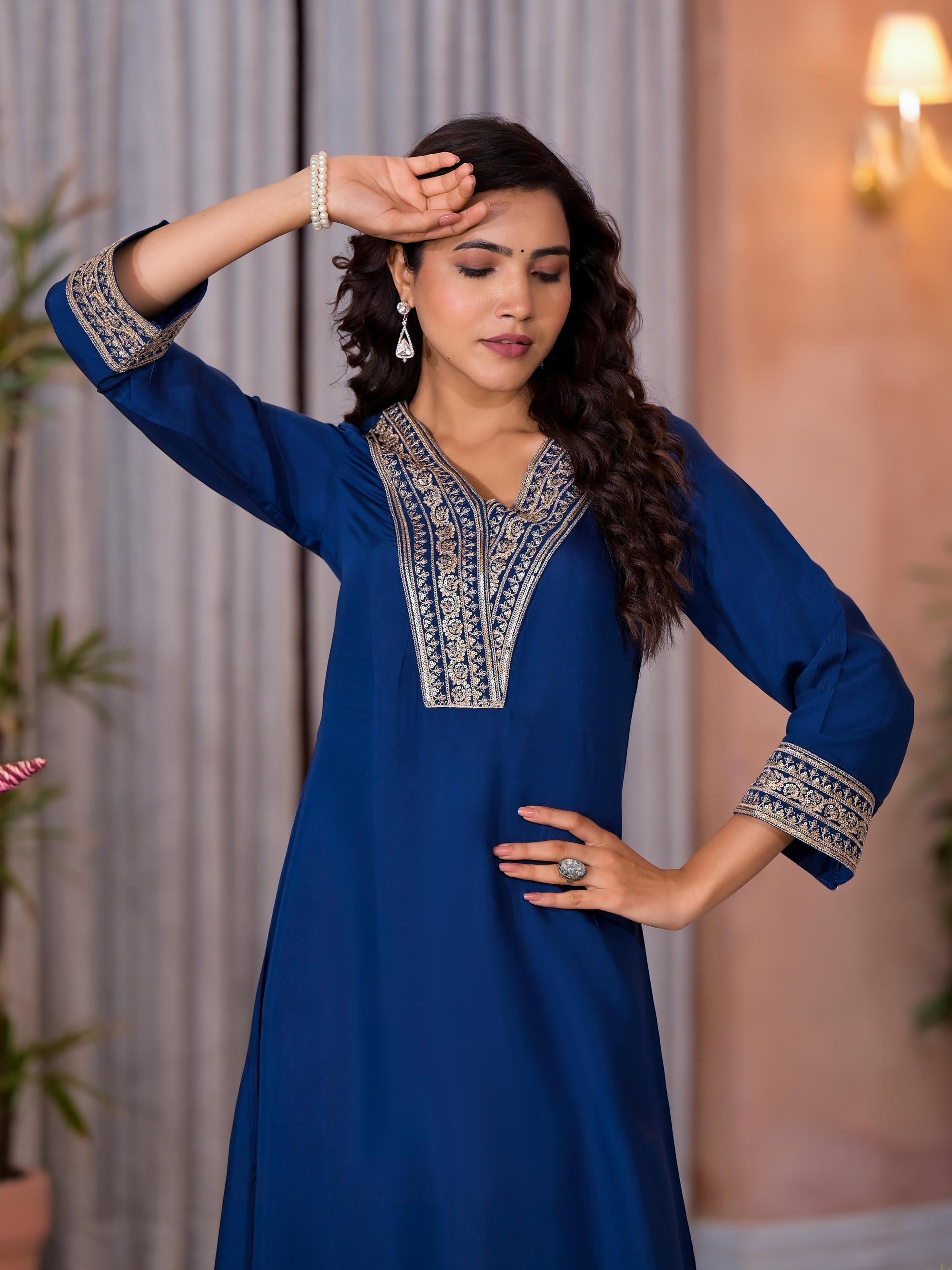 Royal Blue Zari Embroidered Viscose Kurta & Pant Set With Sequins | De