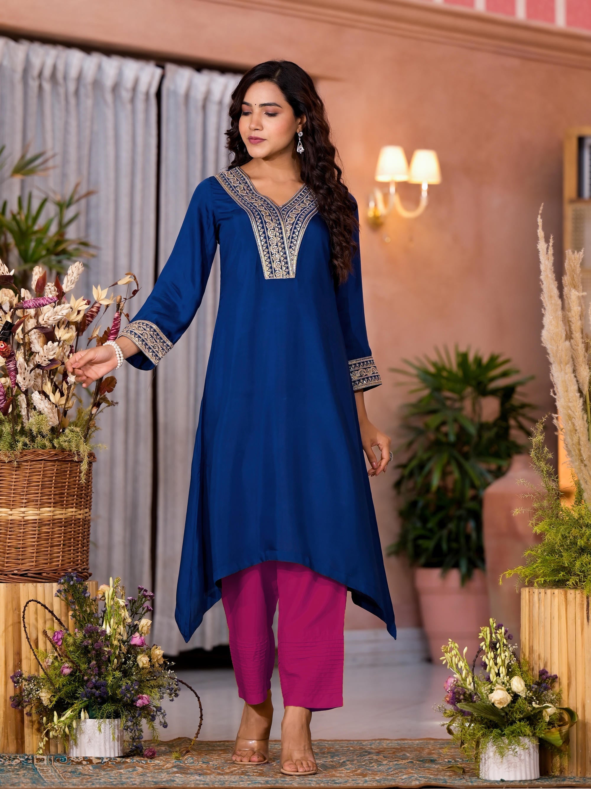 Royal Blue Zari Embroidered Viscose Kurta & Pant Set With Sequins | De