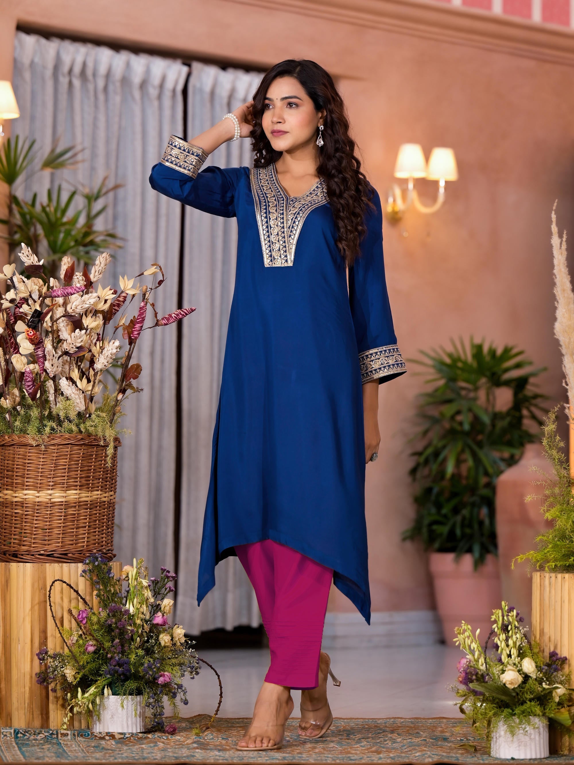 Royal Blue Zari Embroidered Viscose Kurta & Pant Set With Sequins | De